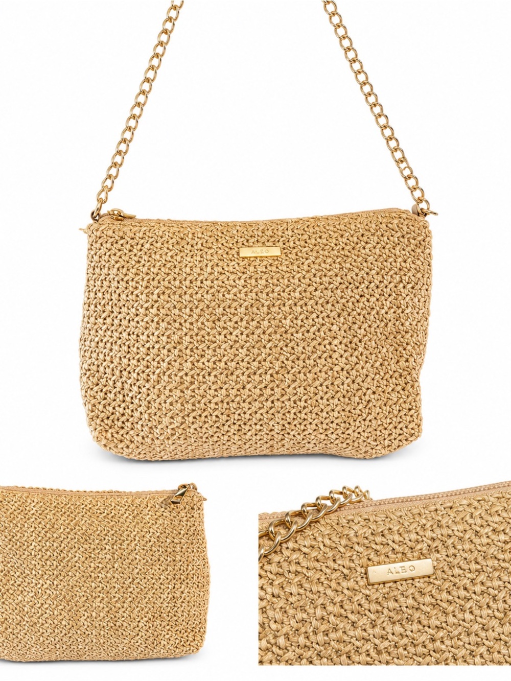 ALDO Metallic Gold Woven Raffia Chain Shoulder Bag